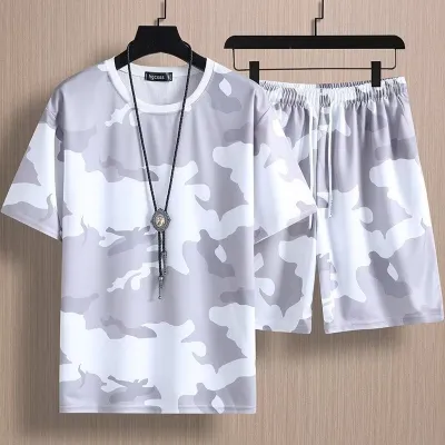 Men's Fashion Camouflage Print Plus Size Short Sleeve Round Neck T-Shirt Bermuda Shorts Set
