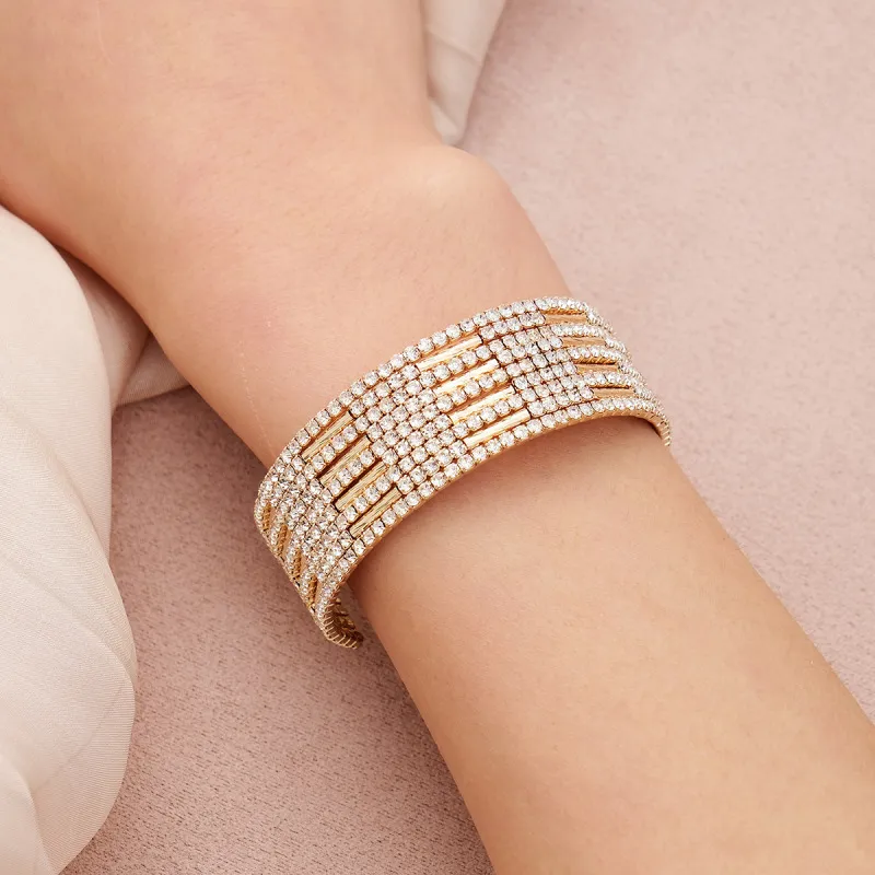 Rhinestone Pearl Stretch Bracelet Women Fashion Wide Opening Cuff Bridal Jewelry