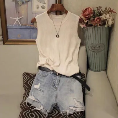 Summer Women Sleeveless Knitted Solid Color Tank Top