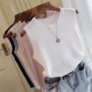 Summer Women Sleeveless Knitted Solid Color Tank Top