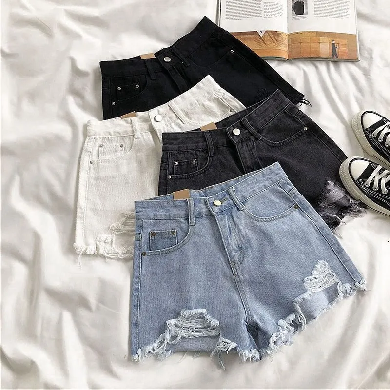 Women Summer High Waist Loose Wide Leg Ripped Denim Shorts