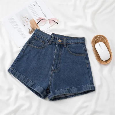 Women Petite Curly Hem Summer Thin Fashionable Straight Casual Wide-Leg Denim Shorts