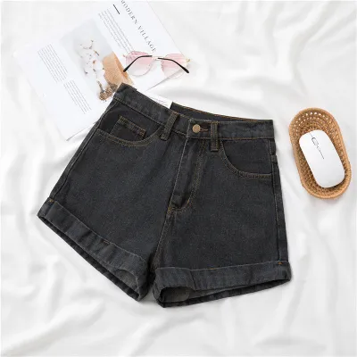Women Petite Curly Hem Summer Thin Fashionable Straight Casual Wide-Leg Denim Shorts