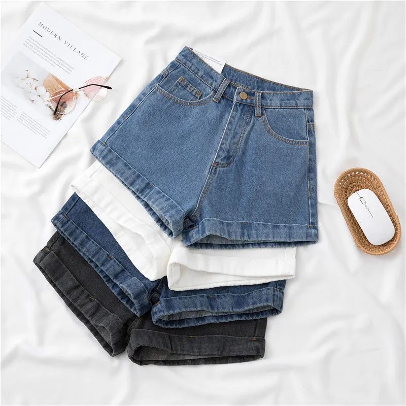 Women Petite Curly Hem Summer Thin Fashionable Straight Casual Wide-Leg Denim Shorts