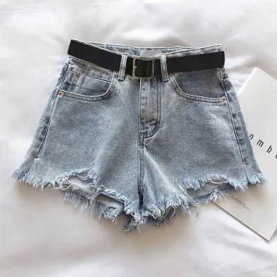 Women Petite Summer Ripped Loose High Waist A- Shaped Raw Hem Denim Shorts