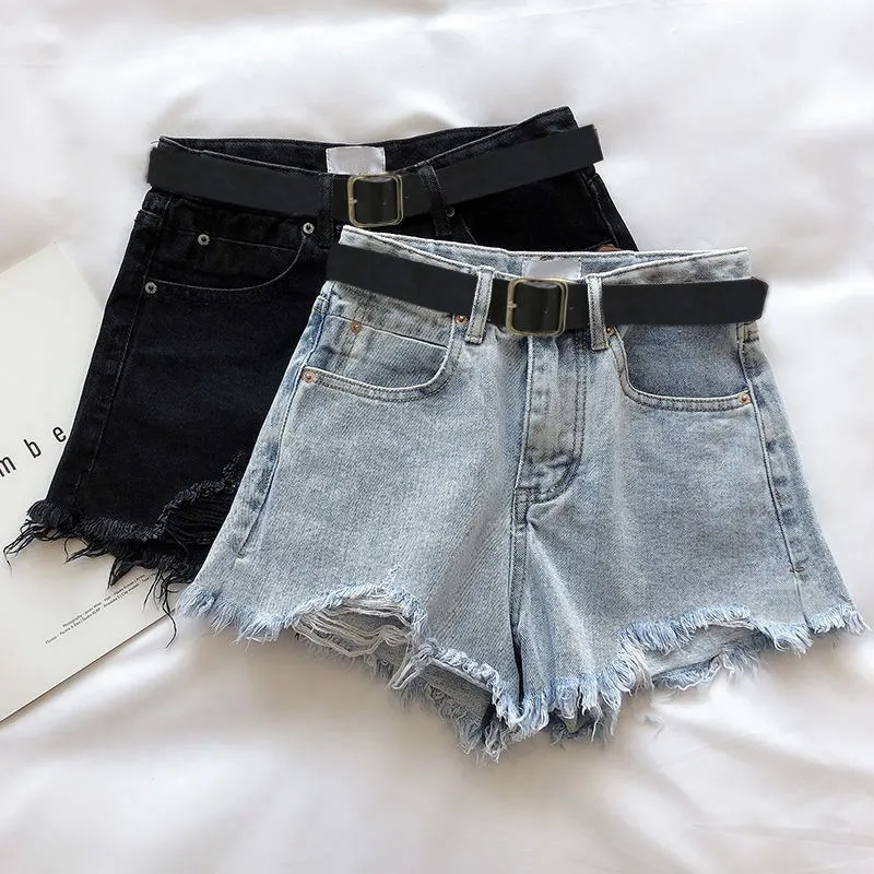 Women Petite Summer Ripped Loose High Waist A- Shaped Raw Hem Denim Shorts