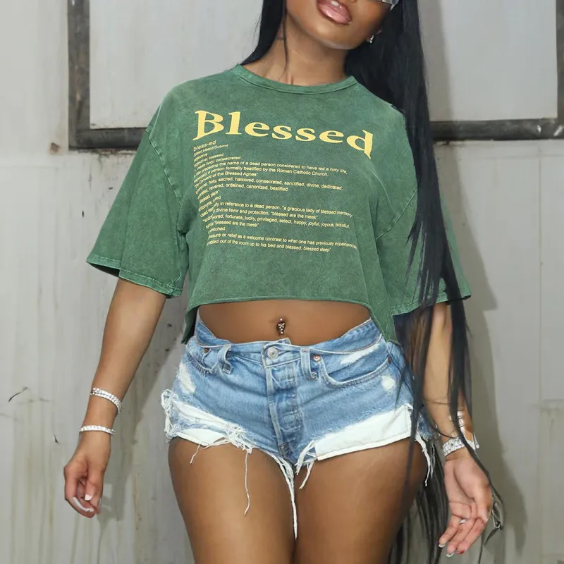 Fashion Women Casual Letter Slogan Print Crop T-Shirt