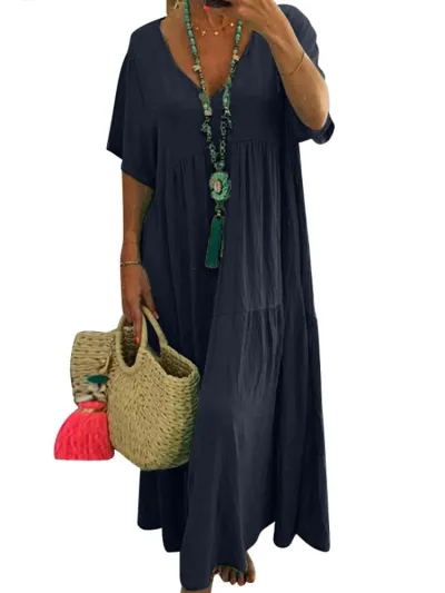 Bohemian Women Plus Size V-Neck Irregular Solid Color Maxi Dress
