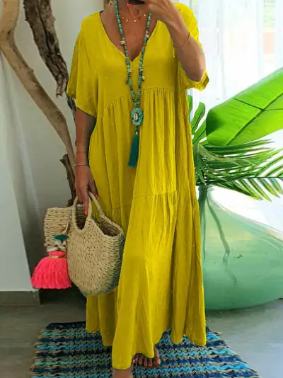 Bohemian Women Plus Size V-Neck Irregular Solid Color Maxi Dress