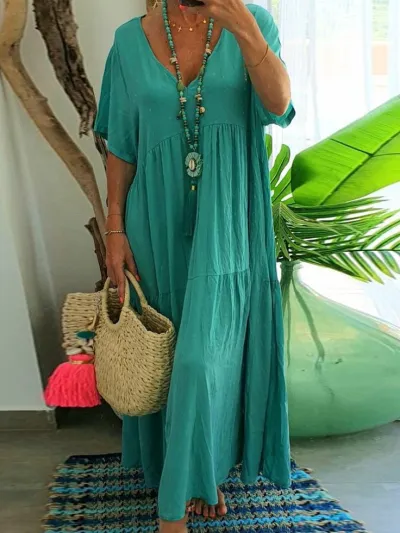 Bohemian Women Plus Size V-Neck Irregular Solid Color Maxi Dress