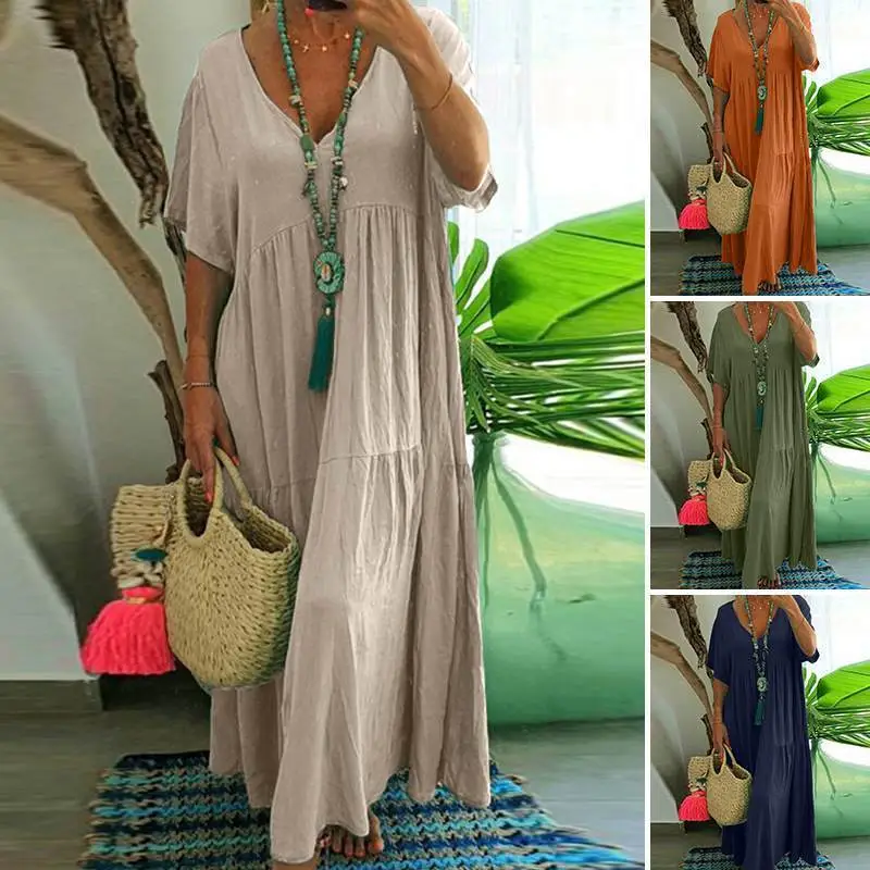 Bohemian Women Plus Size V-Neck Irregular Solid Color Maxi Dress