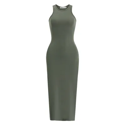 Women Solid Color Sleeveless Bodycon Dress High Waist Polyester