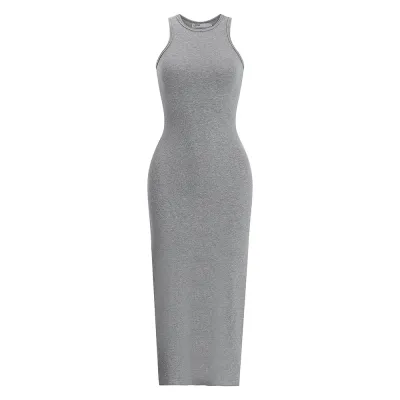 Women Solid Color Sleeveless Bodycon Dress High Waist Polyester