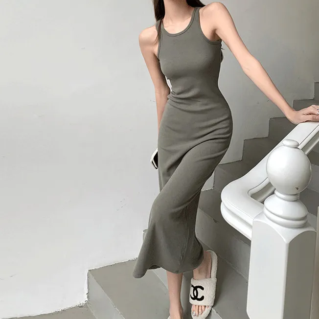 Women Solid Color Sleeveless Bodycon Dress High Waist Polyester