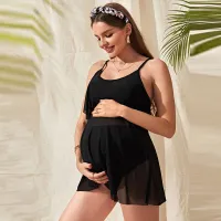 Pregnant Women Fashion Solid Color Sling Mesh High Waist Abdomen-Supporting Swimsuit