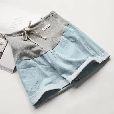 Summer Maternity Denim Shorts with Drawstring High Waist and Belly Support