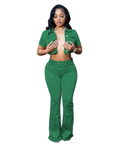 Women's Denim Jacket and Bootcut Jeans Two-Piece Set - Retro Style