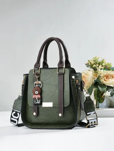 Women Vintage Simple Letter Wide Strap Bear Pendant Large Capacity Handle Bag