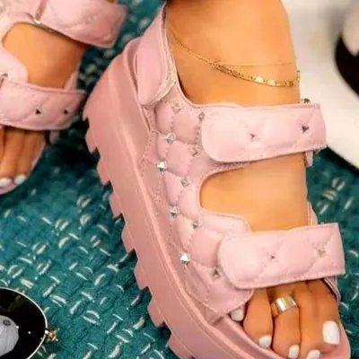 Summer Women Plus Size Casual PU Studded Velcro Thick-Soled Sandals