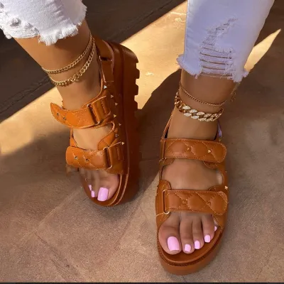 Summer Women Plus Size Casual PU Studded Velcro Thick-Soled Sandals