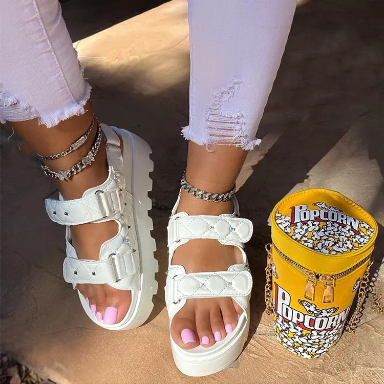 Summer Women Plus Size Casual PU Studded Velcro Thick-Soled Sandals