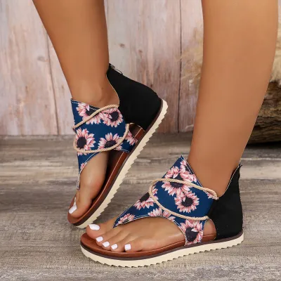 Women Fashion Plus Size Floral Print Thick-Soled Thong Sandals