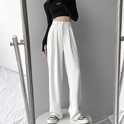 Women Casual Solid Color High Waist Straight Leg Pants