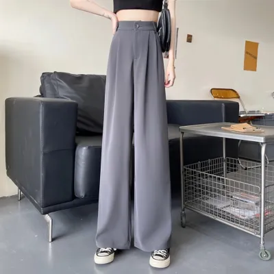 Women Casual Solid Color High Waist Straight Leg Pants