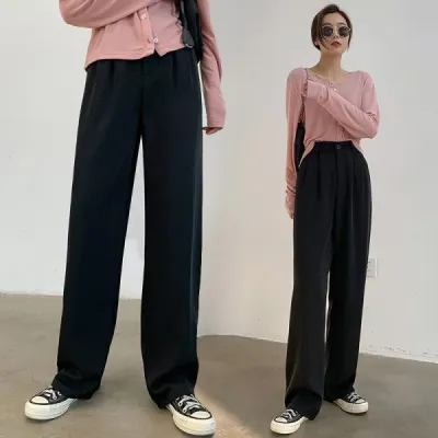 Women Casual Solid Color High Waist Straight Leg Pants