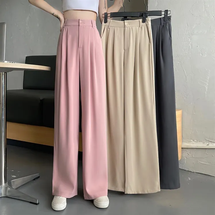 Women Casual Solid Color High Waist Straight Leg Pants