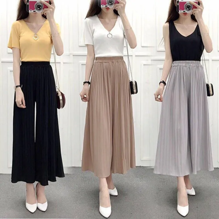 Women's Solid Color Pleated Chiffon Wide Leg Pants Korean Style