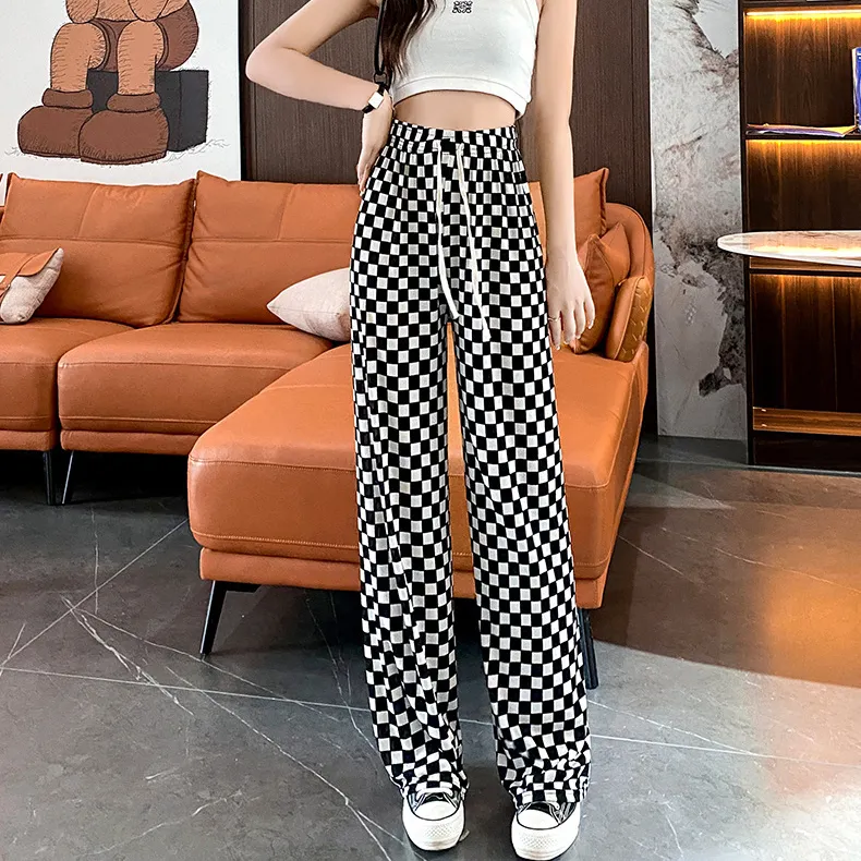 Women Casual Checkerboard Printed Loose Wide-Leg Pants