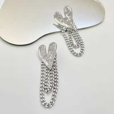 Women Retro Alloy Hammer Heart-Shaped Tassel Chain Earrings Fashion Commuter