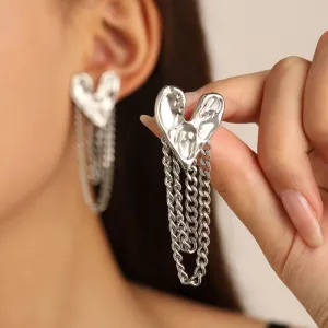 Women Retro Alloy Hammer Heart-Shaped Tassel Chain Earrings Fashion Commuter