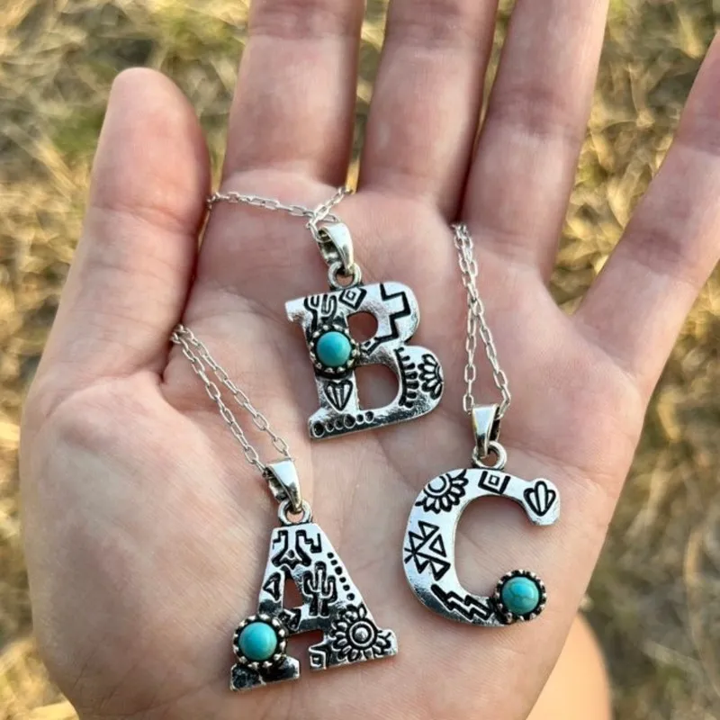 Women Vintage Turquoise 26 English Alphabet Pendant Necklace