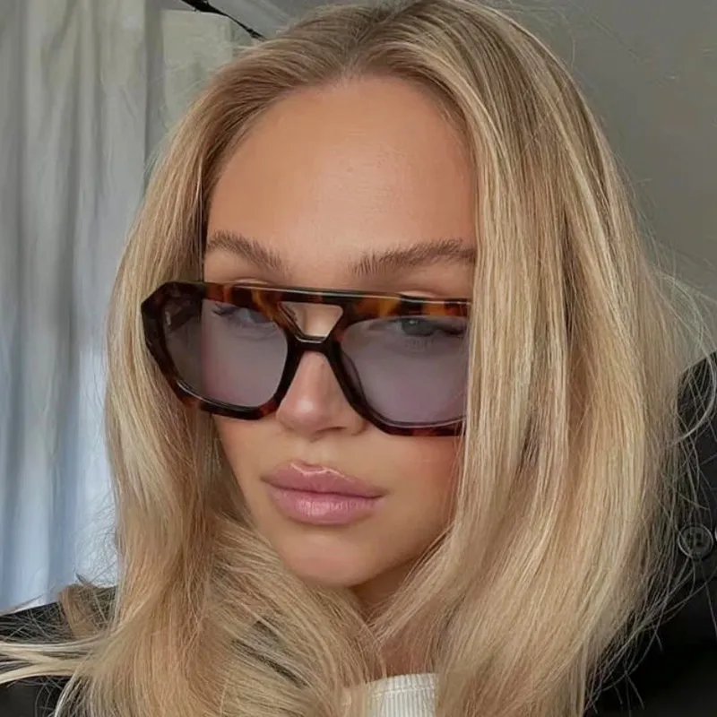 Women's Simple Double Beam Leopard Print Polygon Sunglasses