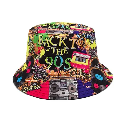 Neutral Retro Tape Print Sun Bucket Hats