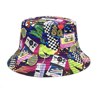 Neutral Retro Tape Print Sun Bucket Hats