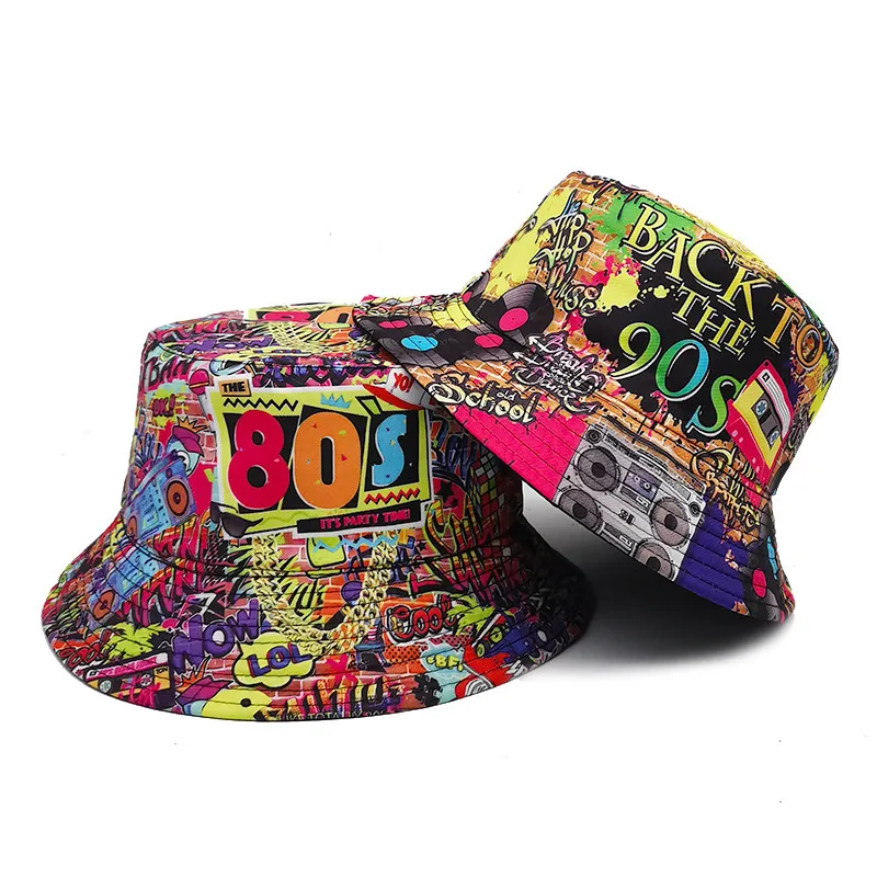 Neutral Retro Tape Print Sun Bucket Hats