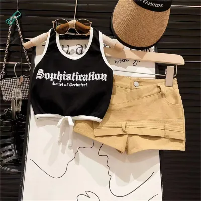 Kids Toddler Girls Summer Casual Letter Print Sleeveless Halter Neck Top Shorts Set