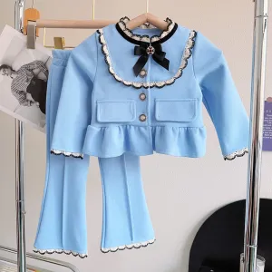 Kids Toddler Girls Summer Casual Chic Cute Bow Long Sleeve Top Trousers Set