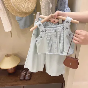 Kids Toddler Girls Flower Embroidery Denim Tank Top and Pants Set Summer Casual