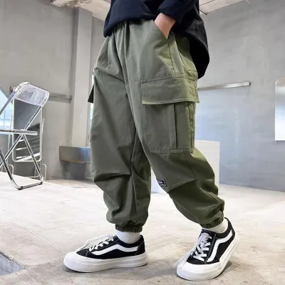Kids Toddler Big Boys Spring And Autumn Fashion Casual Solid Color Cotton Cargo Pants Long Mid-Waist Movement Overalls