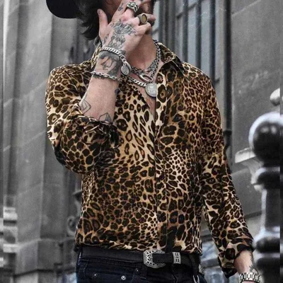 Camisa de solapa de manga larga con estampado de leopardo informal a la moda para hombre
