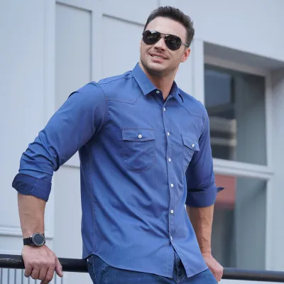 Camisa de solapa de manga larga elástica de talla grande de Color sólido informal de negocios a la moda para hombre