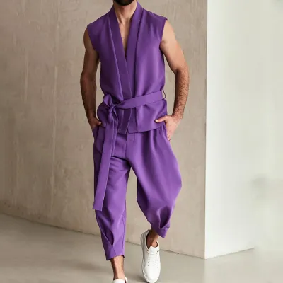 Conjunto de pantalones sin mangas con cordones de color sólido informal a la moda para hombre