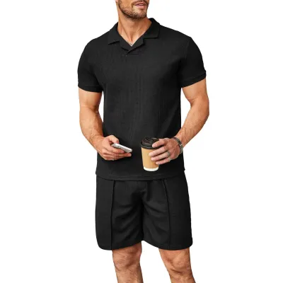 Men Fashion Casual Solid Color Short Sleeve Lapel Shirt Shorts Set