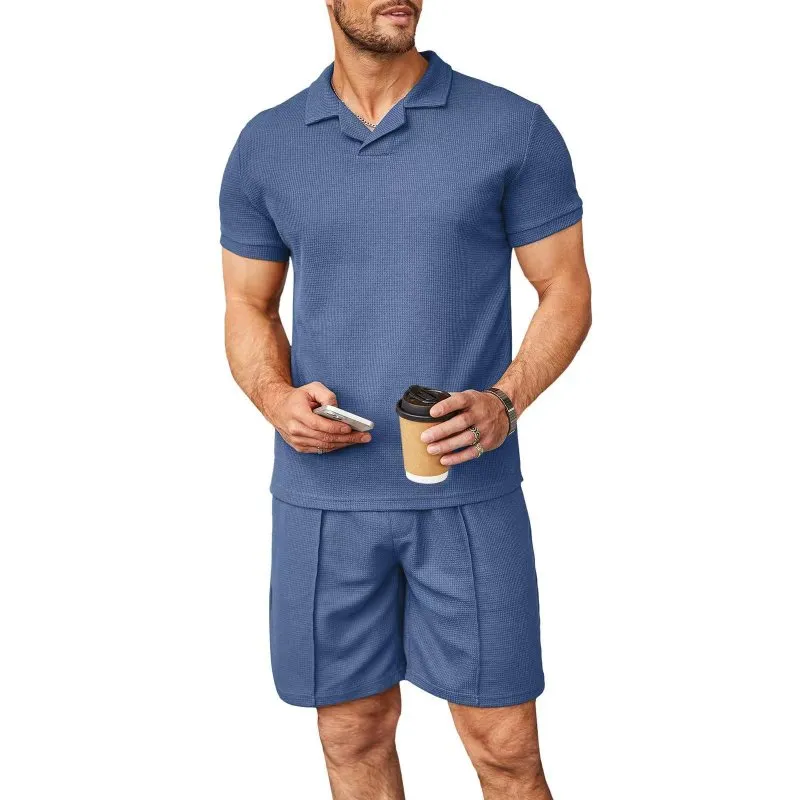 Men Fashion Casual Solid Color Short Sleeve Lapel Shirt Shorts Set