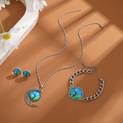 Women Simple Tree Of Life Moon Pendant Necklace Earrings Bracelet Set