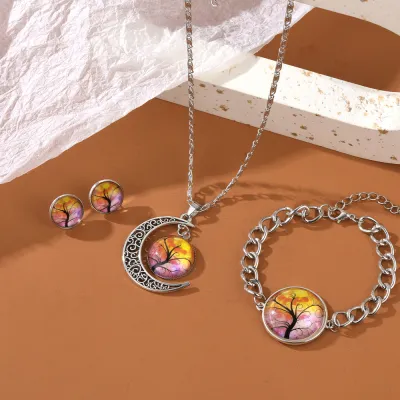 Women Simple Tree Of Life Moon Pendant Necklace Earrings Bracelet Set